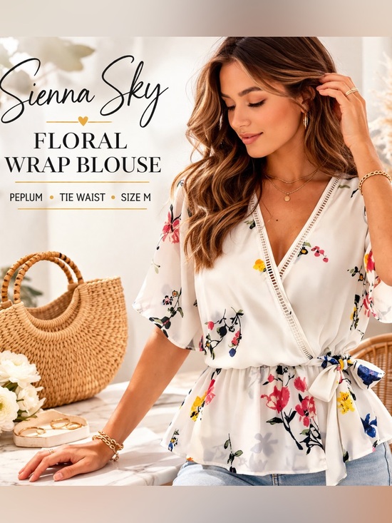 Sienna Sky Tops - Sienna Sky Floral Wrap Blouse Peplum Tie Waist Top White Size M